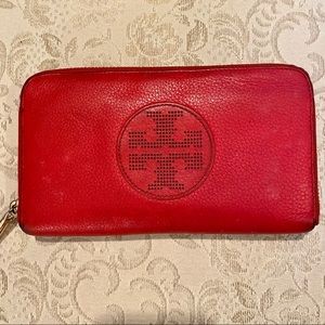 Tory Burch Red Leather Zip Around Wallet